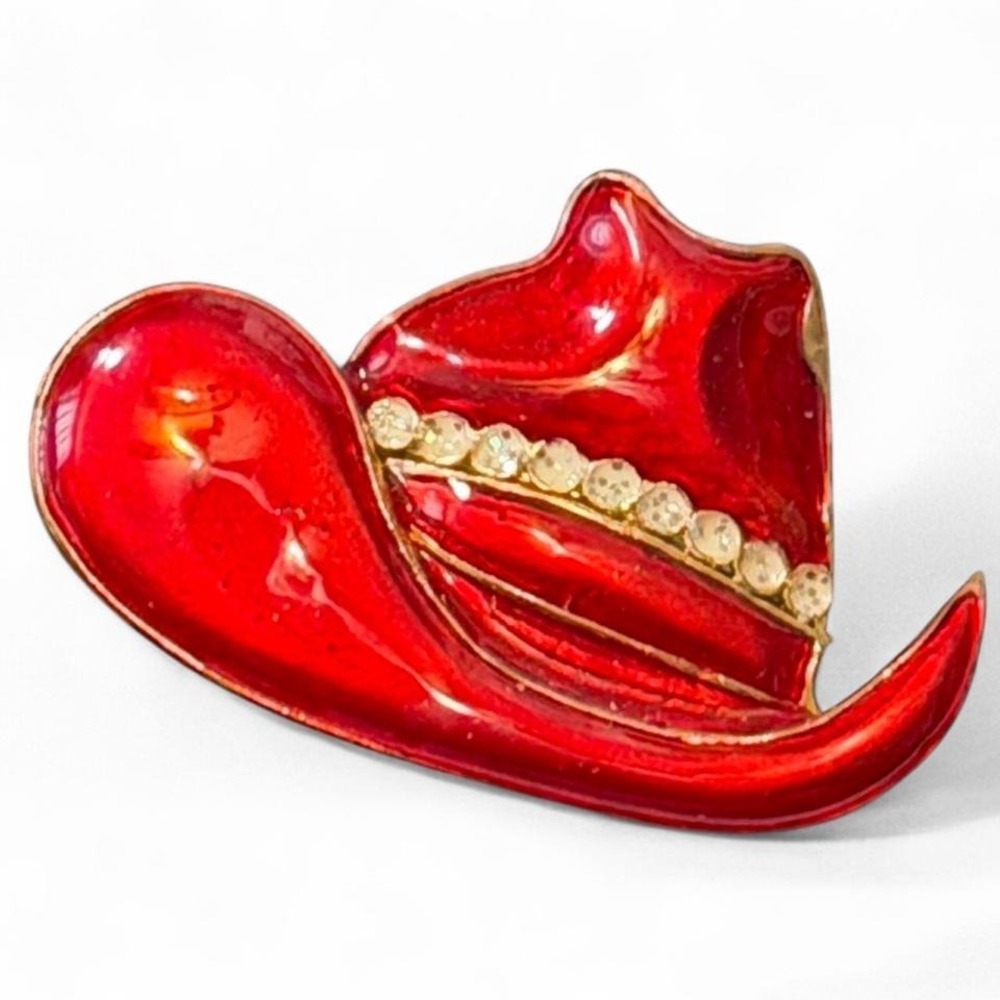 Vintage 90s Red Enamel Rhinestone‎ Cowboy Hat Brooch